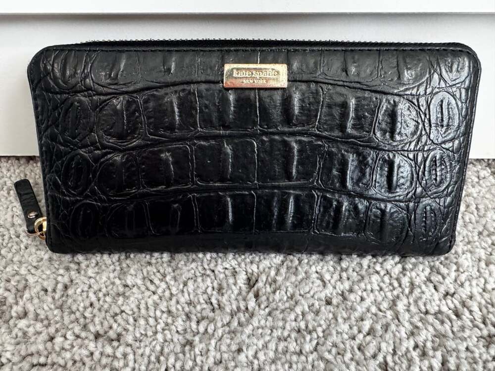 Kate Spade New York Black Croc Embossed Leather Neda Zip Around Wallet